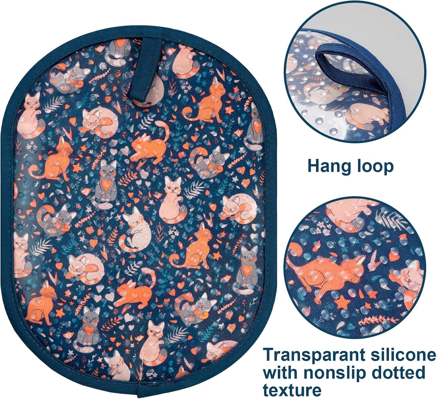 Pot Holders Set of 2 with Transparent Clear Silicone Shell and Nice Cat Flower Cotton Lining, Heat Resistant to 500 F Kitchen Oven Gloves Pot Holder for Cooking (Navy, Cat, Potholders)