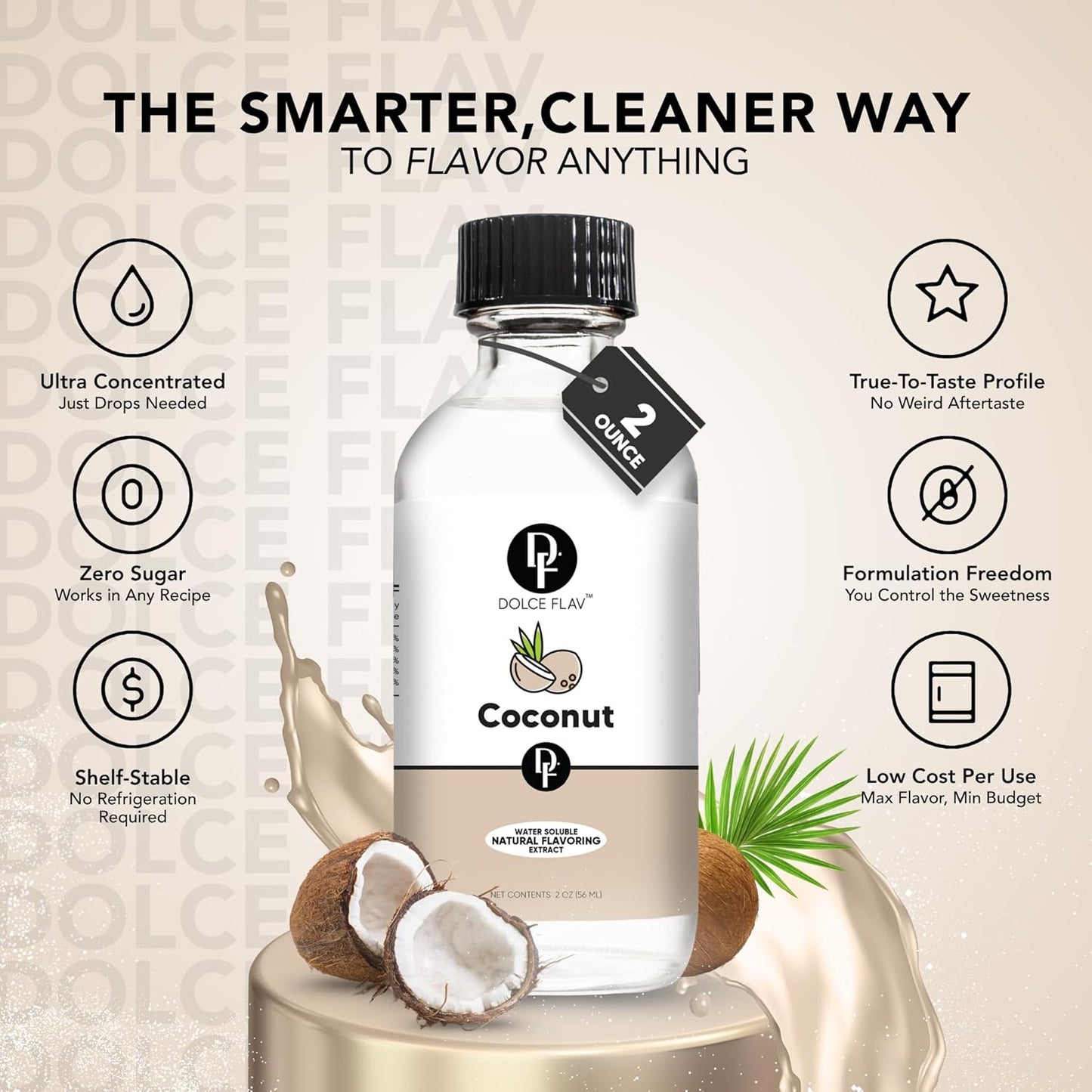 Dolce Flav Natural Coconut Extract – 2 Ounce Water-Soluble Kosher, Sugar-Free, Concentrated Tropical Coconut Flavoring for Baking, Beverages & Desserts, Includes Measured Dropper