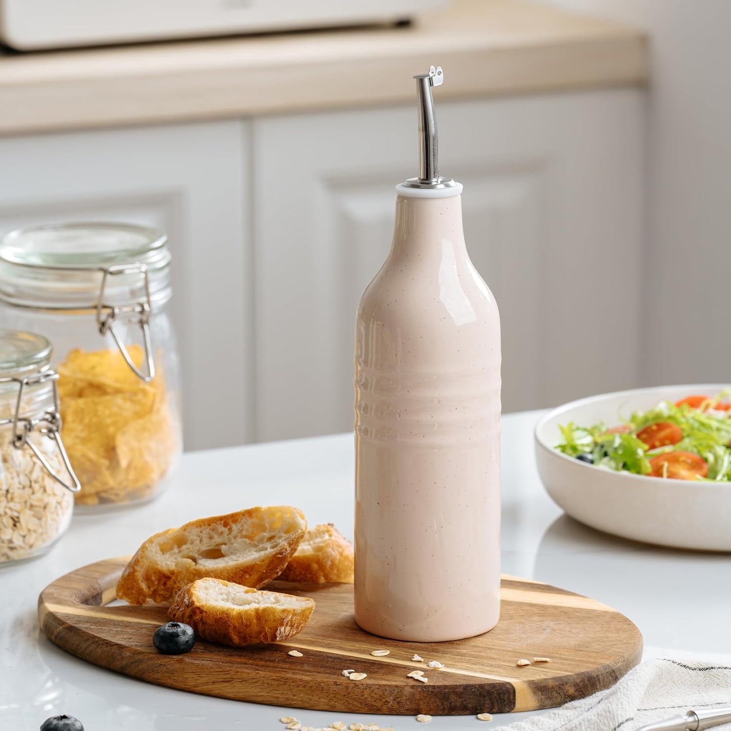 famiware Jupiter 16oz Ceramic Olive Oil Dispenser Bottle, Olive Oil and Vinegar Dispenser Bottle Set of 2 with Stainless Steel Pourers, Suitable for Storage Vinegar, Liquids, Light Pink