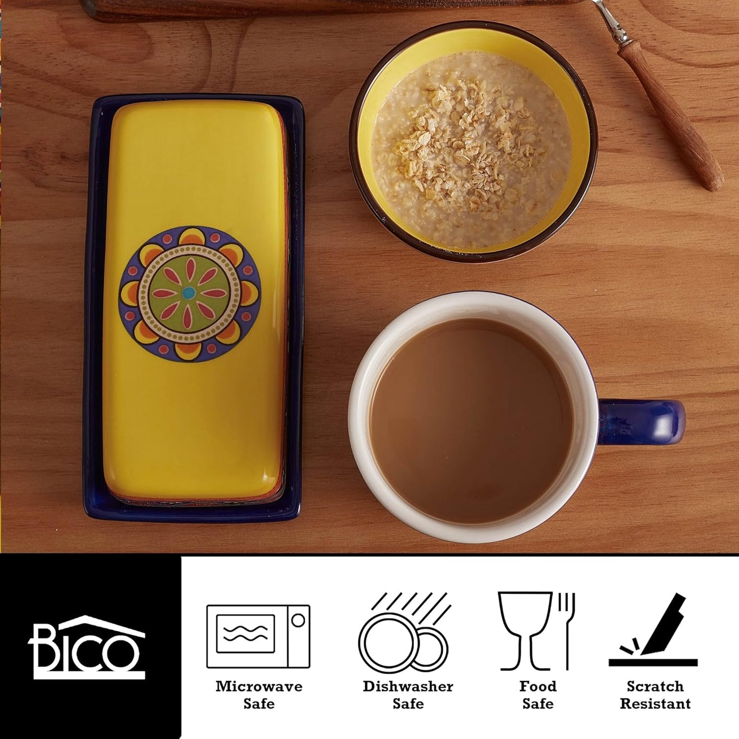 Bico Tunisian Ceramic Butter Dish with Lid, Wide Butter Keeper for Counter, Kitchen Countertop, Microwave and Dishwasher Safe