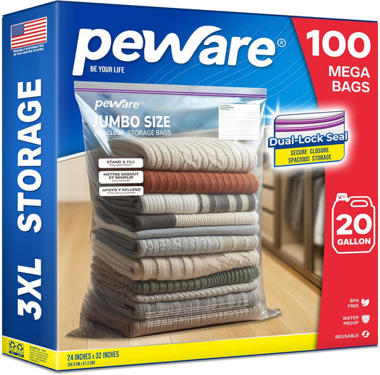 Large Storage Bags, 24"x32" Jumbo Plastic Bag, BPA Free, 20 Gallon 3X Zipper Lock Baggies for Clothes Pillow Travel Moving - 100 Mega Bags