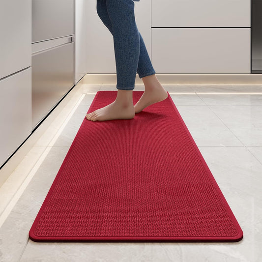 Kitchen Mats for Floor, Super Absorbent Kitchen Rugs Non Slip Washable, Soft Imitation Linen Braided Kitchen Runner Rug, Standing Mat Kitchens Sink Mat, Easy to Clean, Red 17x59
