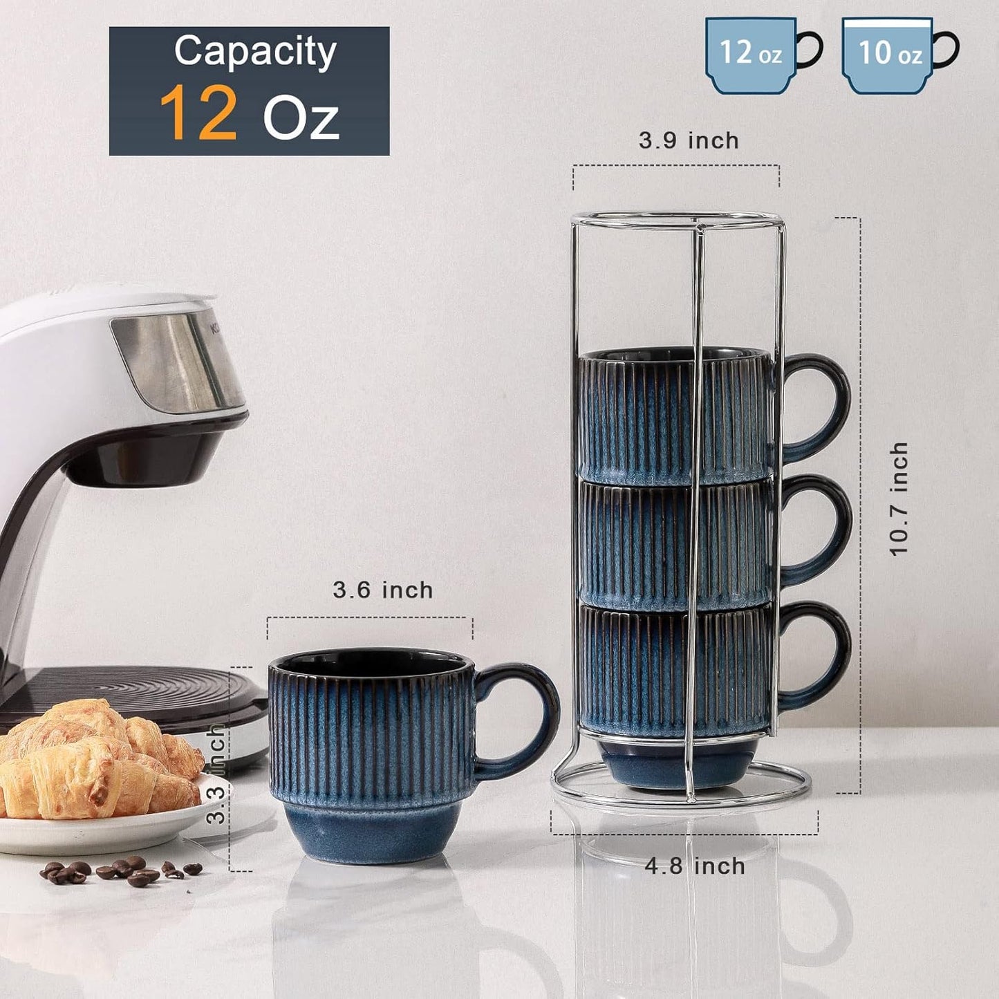 Hasense Navy Coffee Mugs Porcelain Set of 4 with Rack - 12 oz Stackable Coffee Cups Ceramic, Modern Ribbed Latte Cup Sets for Cappuccino, Tea, Espresso, Hot Cocoa, Drinks - Dishwasher & Microwave Safe