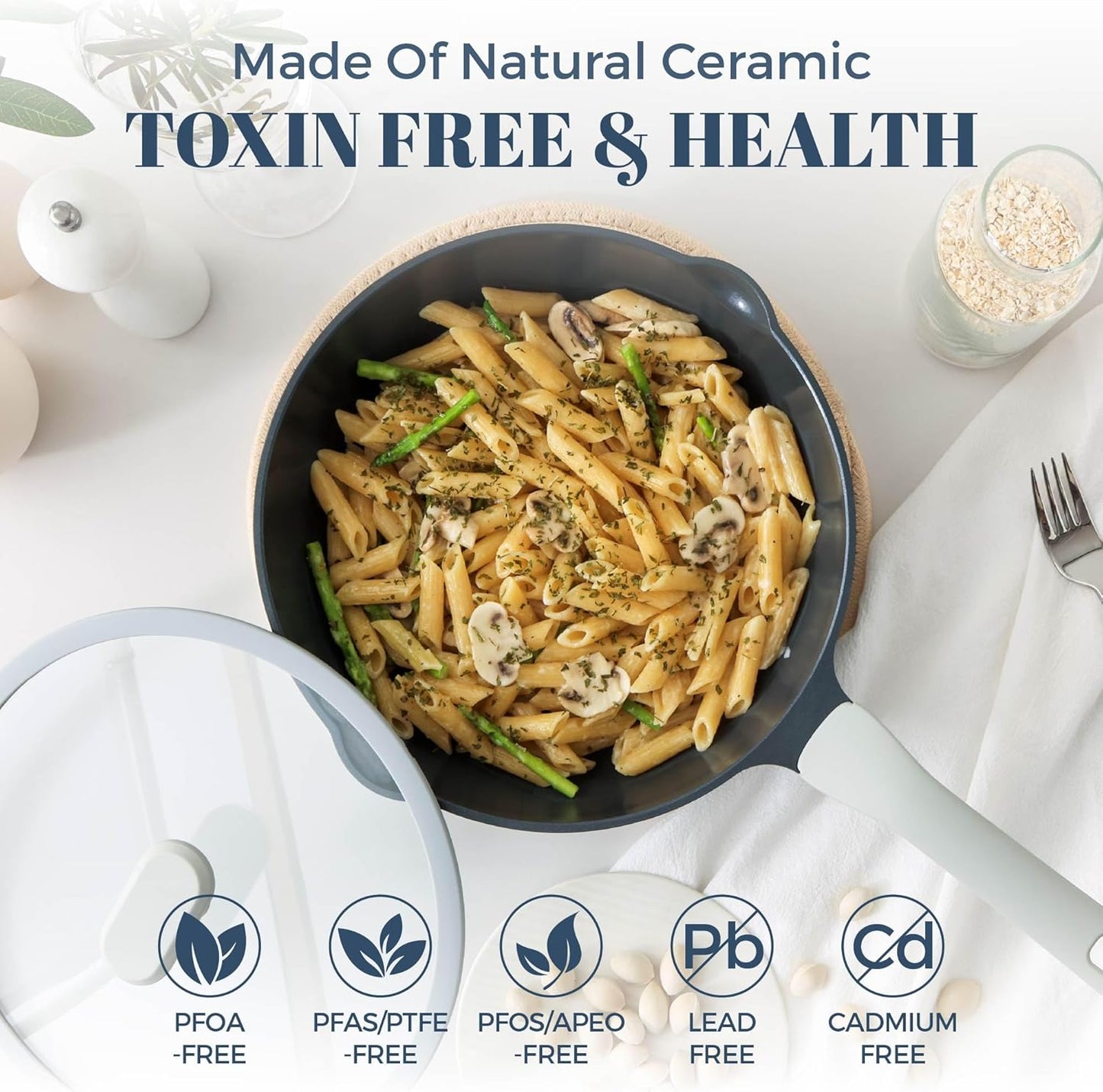 Ceramic Nonstick Deep Saute Pan with Lid, 12 Inch/4.8 QT Non Toxic Pans with Double Pour Spout, Helper Handle and Lid, Metal Utennsil Safe, Dishwasher Safe, (Gray)