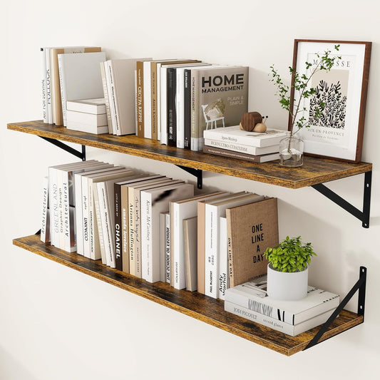 Heimlove Deep Floating Shelves for Wall, 48W x 12D Wood Wall Shelves Set of 2, Wide Floating Bookshelf for Living Room, Kitchen, Office, Bedroom and Decor Storage, with Metal Bracket - Rustic Brown