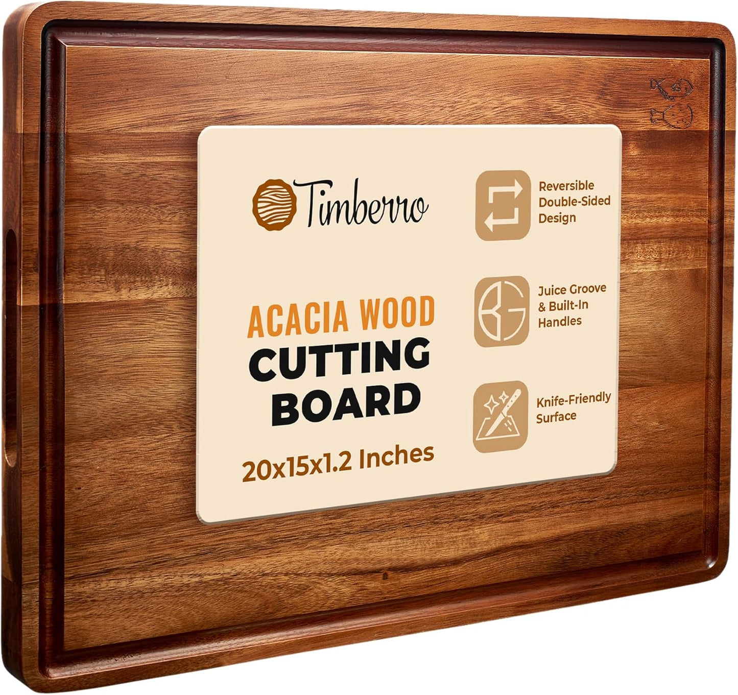 Acacia Wood Cutting Board (20x15x1.2 In.) - Large Thick Edge Grain Wooden Chopping Boards for Kitchen, Giant XL Organic Hardwood Carving Block for Raw Meat