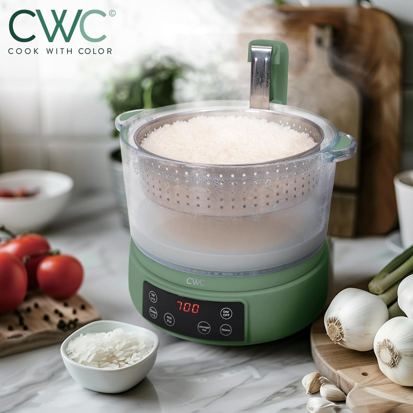 COOK WITH COLOR 3L Glass Low Carb Rice Cooker - Makes 6 Cups Low Sugar Rice with Auto Lift Filter Basket, Hotpot & Steamer for Rice, Grains and Oats, Digital Panel with Keep Warm Function, Dark Sage