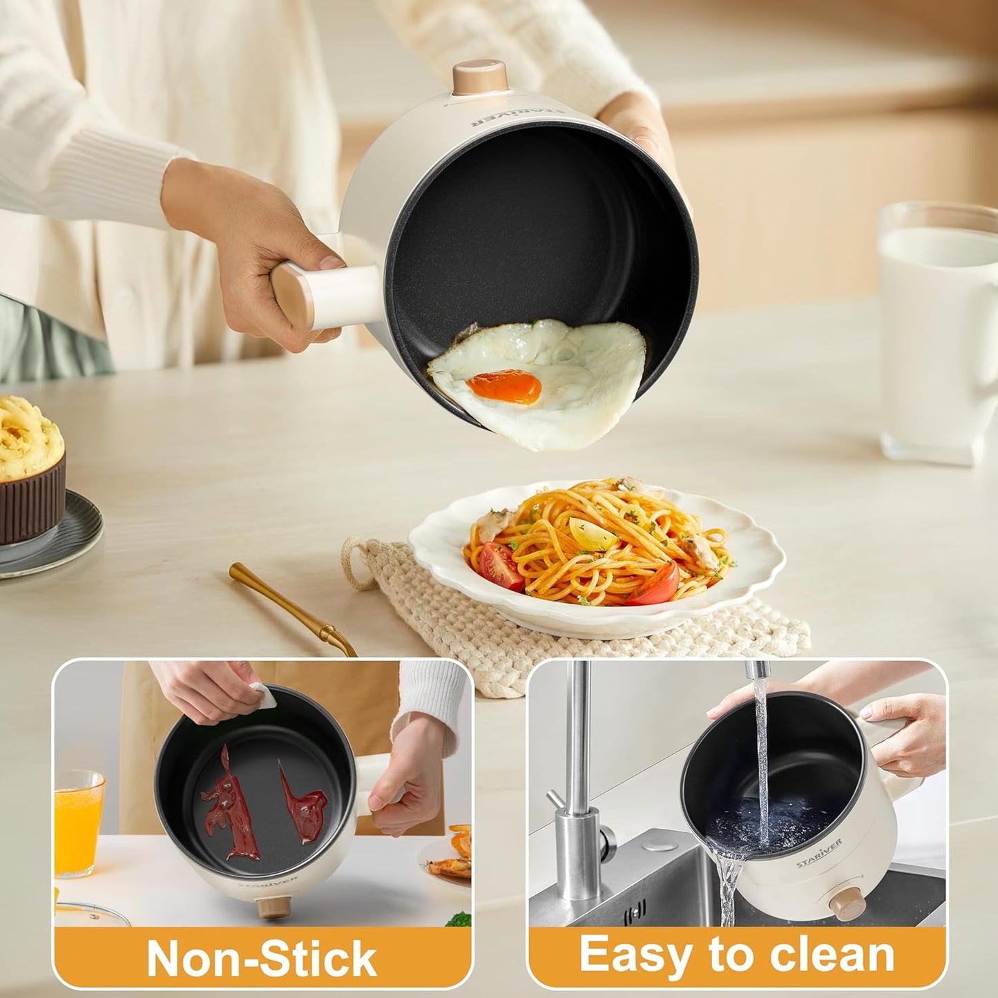 Stariver 1.5L Electric Hot Pot with Dual Power - Mini Portable Non-Stick Noodle Cooker for Ramen, Soup, Pasta, Egg, Oatmeal - Overheat & Boil-Dry Protection - Ideal for Dorm, Office, Travel Gift