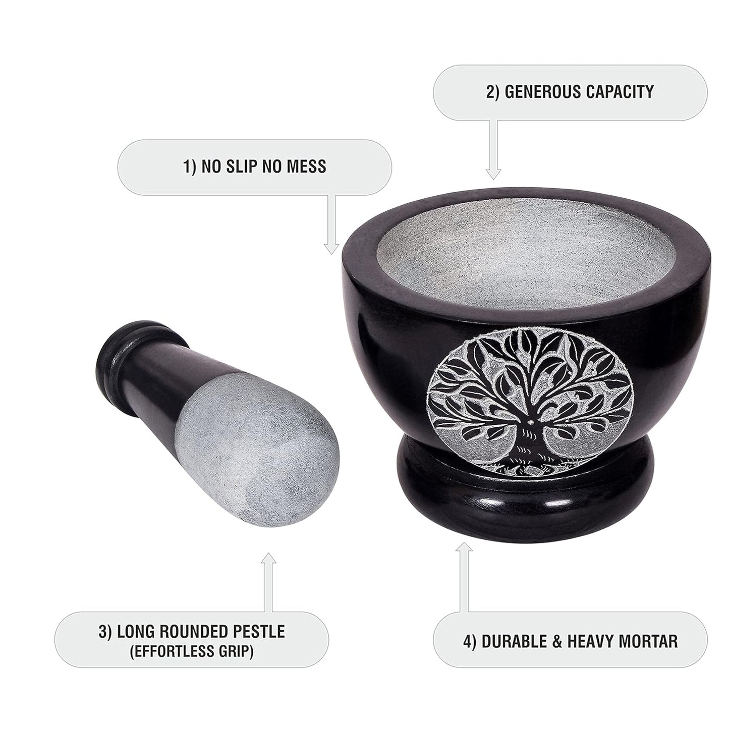 Mortar and Pestle, Made of Heavy Duty Polished Hard Stone, Natural Stone Grinder for Spices, Pastes, Herbs, Seasoning etc. (Tree of Life)