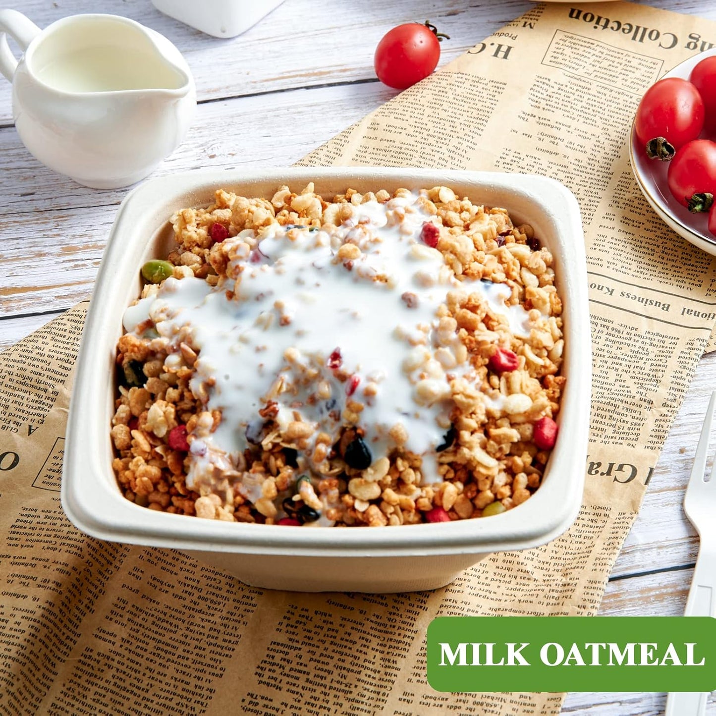 Vplus 150 Pack 32 OZ Paper Bowls Bulk, Square Disposable and Compostable, Eco-friendly Bagasse, Heavy-duty Bowls Perfect for Milk Cereals, Snacks, Salads