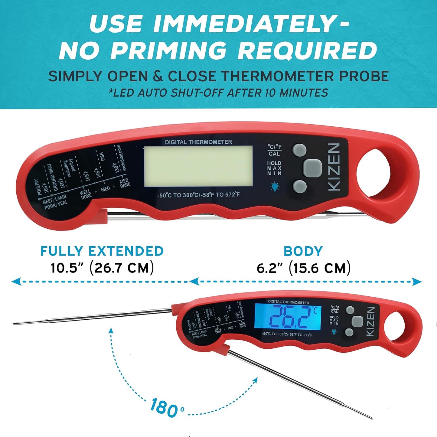 KIZEN Instant Read Meat Thermometer Digital - Food Thermometer for Cooking, Grill, Oven, BBQ - Waterproof and Backlit Display