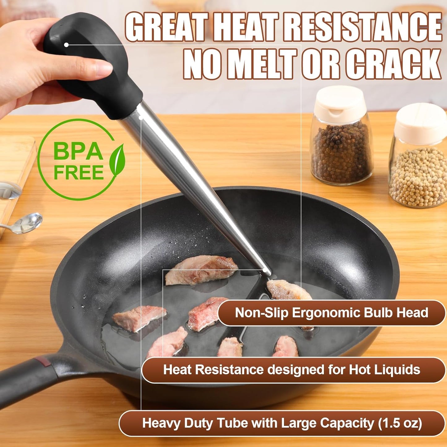 SCHVUBENR Large Turkey Baster with Cleaning Brush & Needle - Stainless Steel Baster Tool for Cooking - Easy to Use and Clean - Heavy Duty Baster Syringe - Flavor Meat Poultry, Beef, Chicken - Black