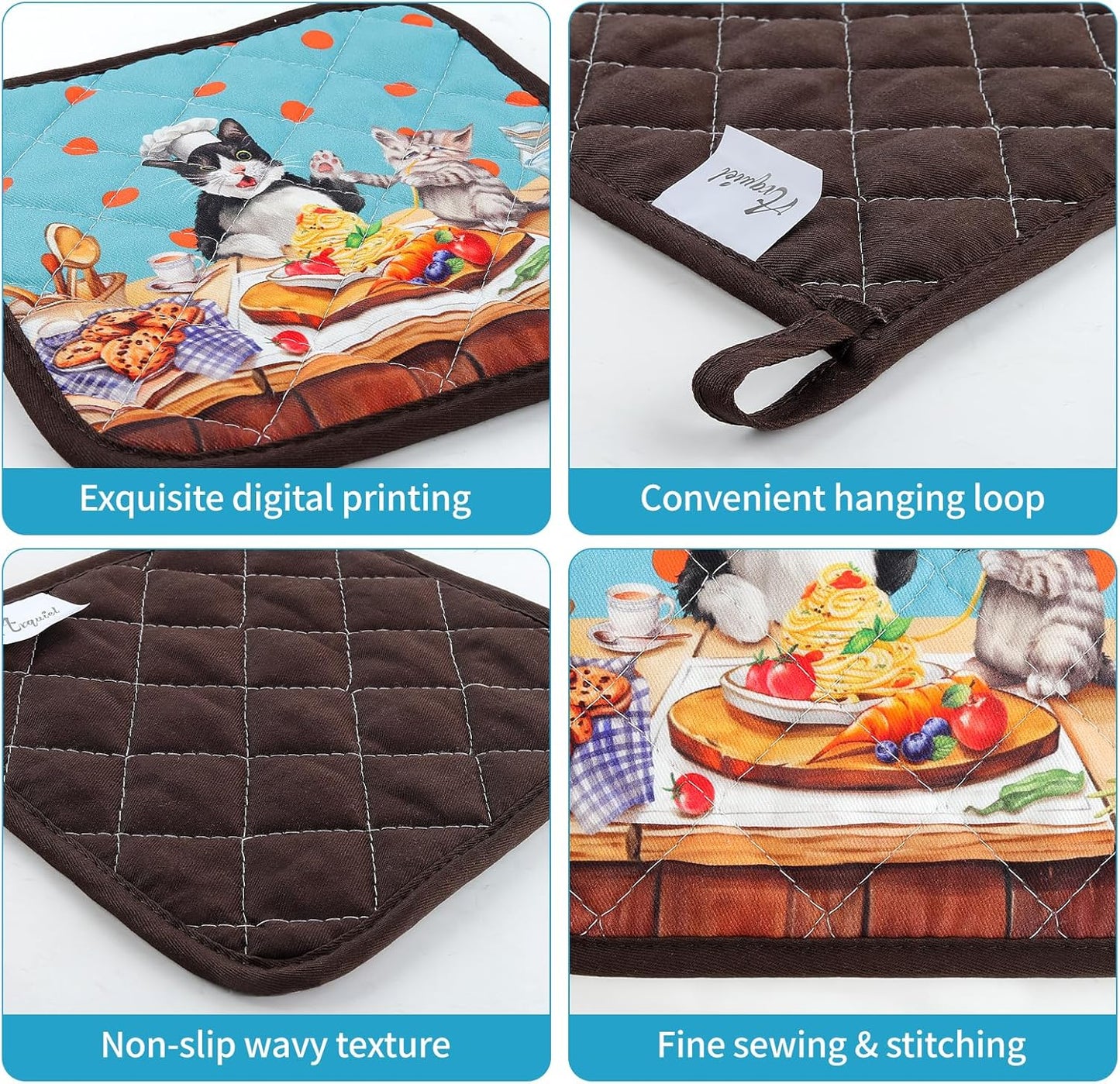 Cute Cat Oven Mitts and Pot Holders Sets 2Pcs, 100% Cotton Heat Resistant, Extra Long Oven Gloves Potholder for Kitchen Cooking Baking Decoration