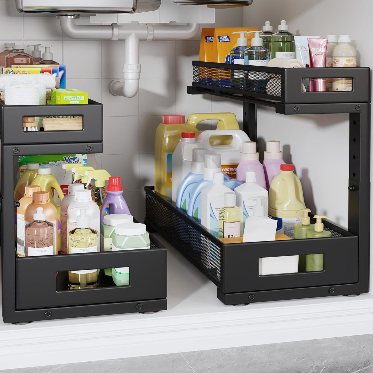 2 Pack 19IN Depth Under Sink Storage Organizer, Large 2-Tier Elegant Mesh Pull Out Shelf for Kitchen and Bathroom Cabinet Organization, L-Shaped and Adjustable Height Design-Black