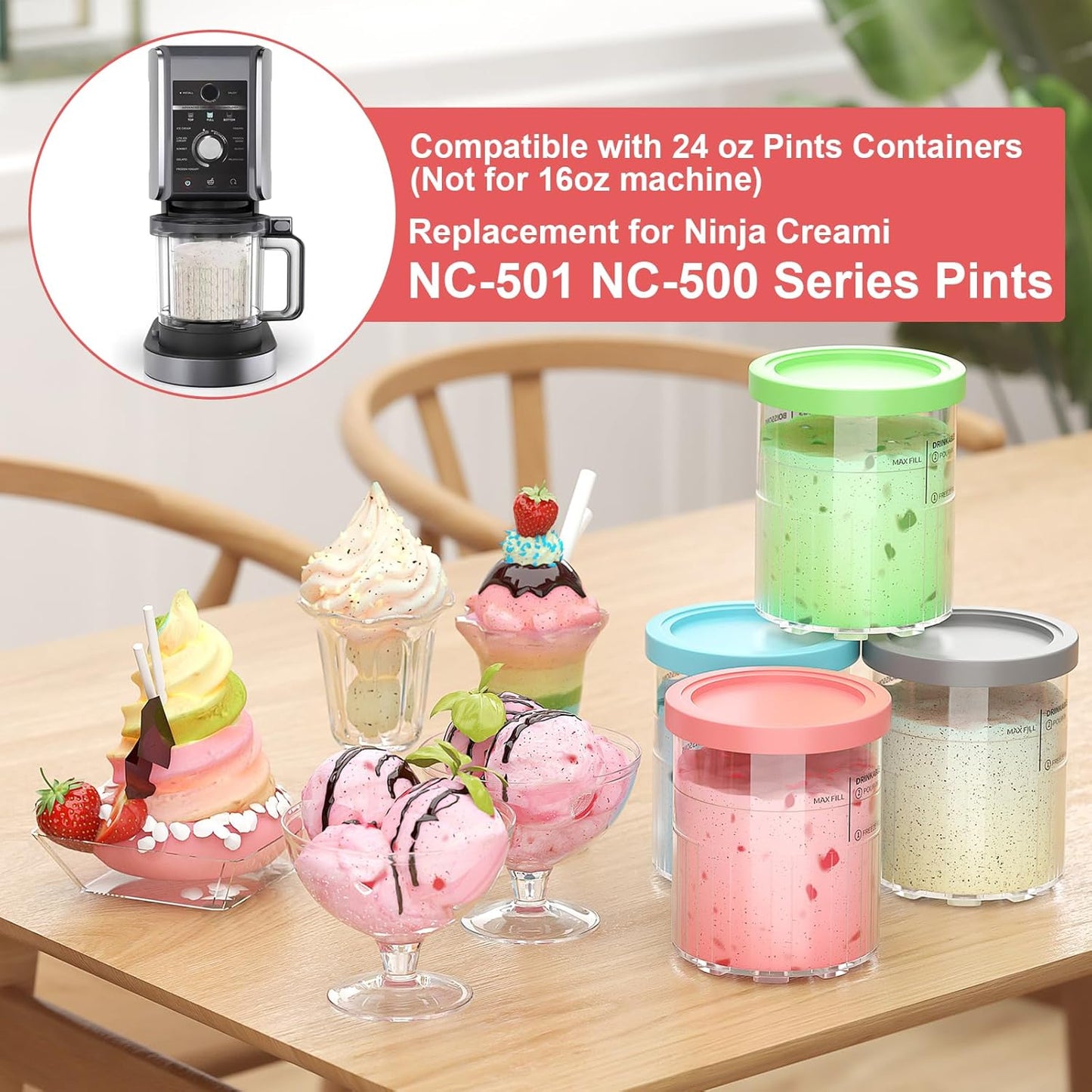 Containers Replacement for Ninja Creami Deluxe Pints and Lids - 4 Pack,Creamy Ice Cream Containers Cups Set,24oz Family Size Compatible with Ninja Ice Cream Maker NC500/NC501 Series Dishwasher Safe