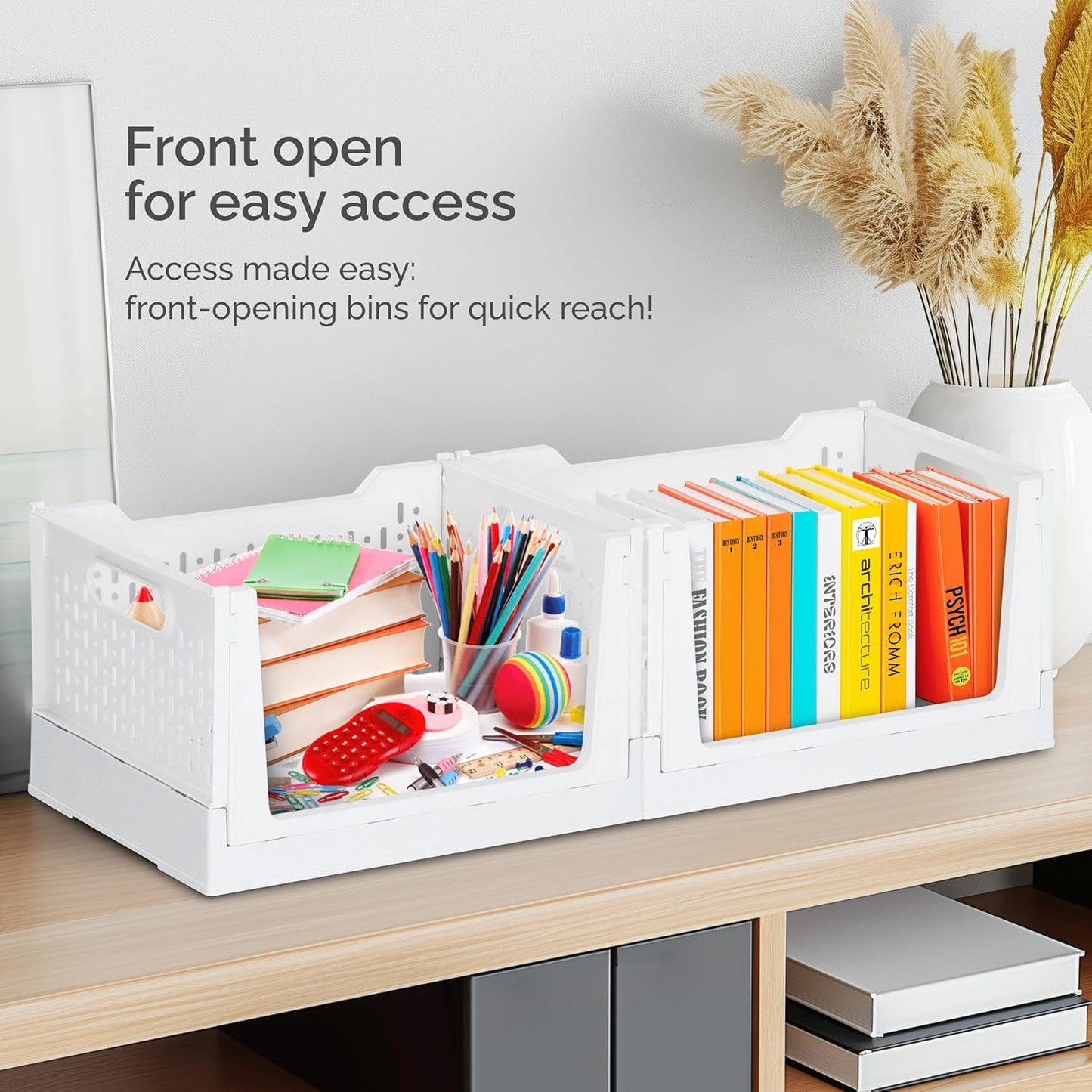 Skywin TidyFriend Stackable Storage Bins with Wheels, 3 Pack Foldable Storage Bins Box, Plastic Shelves Drawer Organizer Container for Closet Office Bedroom Kitchen Bathroom (Ivory)