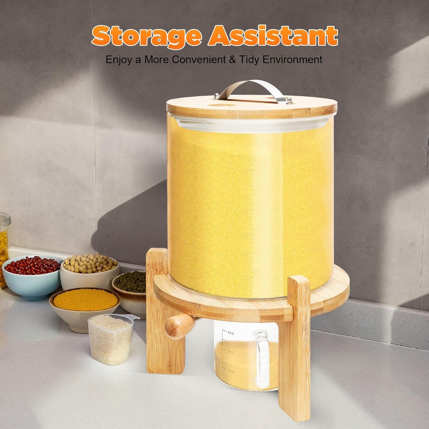 Flour and Cereal Container, Rice Dispenser, Creative Glass Food Storge Container for Kitchen Organization and Pantry Store, Airtight Lid and Wooden Stand (5L)
