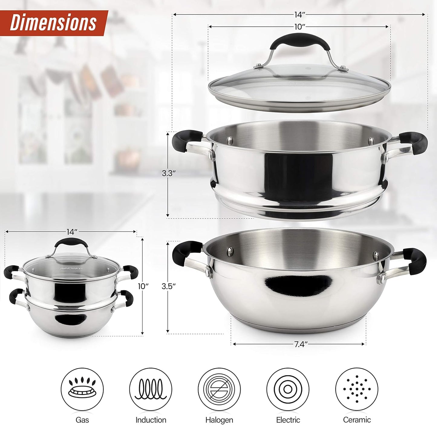 AVACRAFT 18/10, 3 Piece Stainless Steel Cooking Pot Set with Glass Lid, Momo Maker, Induction Steamer Pot