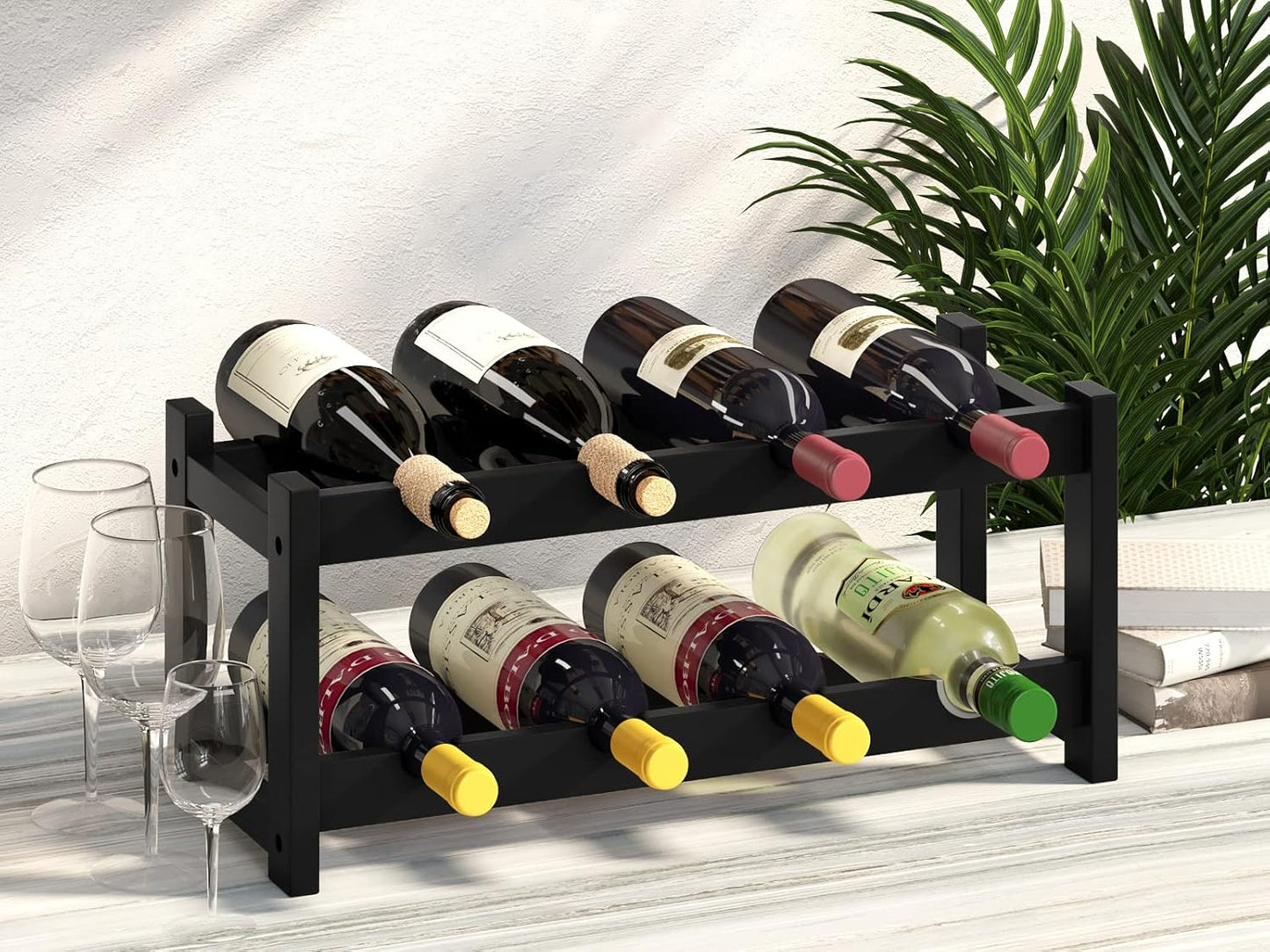 BAMEOS Wine Rack Freestanding 8 Bottle 2 Tier Bamboo Wine Racks Countertop Cabinet Wine Holder Wine Storage Shelf for Kitchen, Bar, Pantry, Wine Cellar, Countertop Black (16.85 L x 9.25W x 7H)