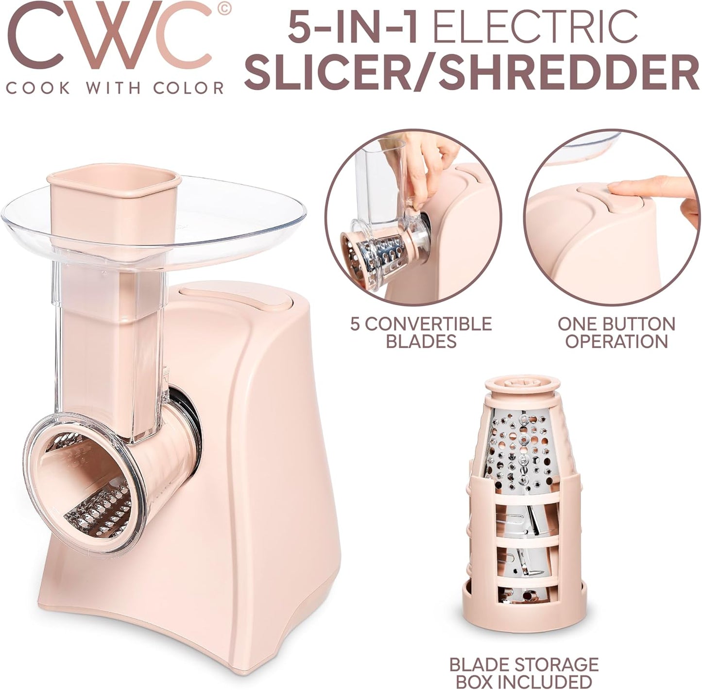 COOK WITH COLOR 5-in-1 Electric Slicer, 150W Food Prep Machine – Cheese Shredder, Fine & Coarse Graters, Potato Grater, Vegetable Slicer, Fruit, Salad Shooter, Compact Design For Bowl Prep, Blush