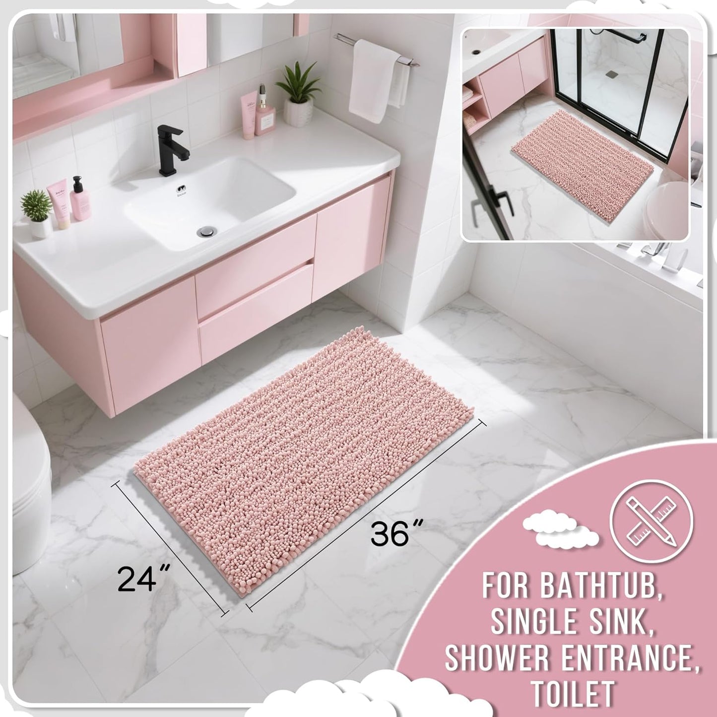 Yimobra Large Bathroom Rugs Non Slip Washable 36x24 Inch - Ultra Soft Absorbent Chenille Bath Mat, Quick Dry Shaggy Floor Carpet for Tub Shower, Light Pink Home Decor Accessories