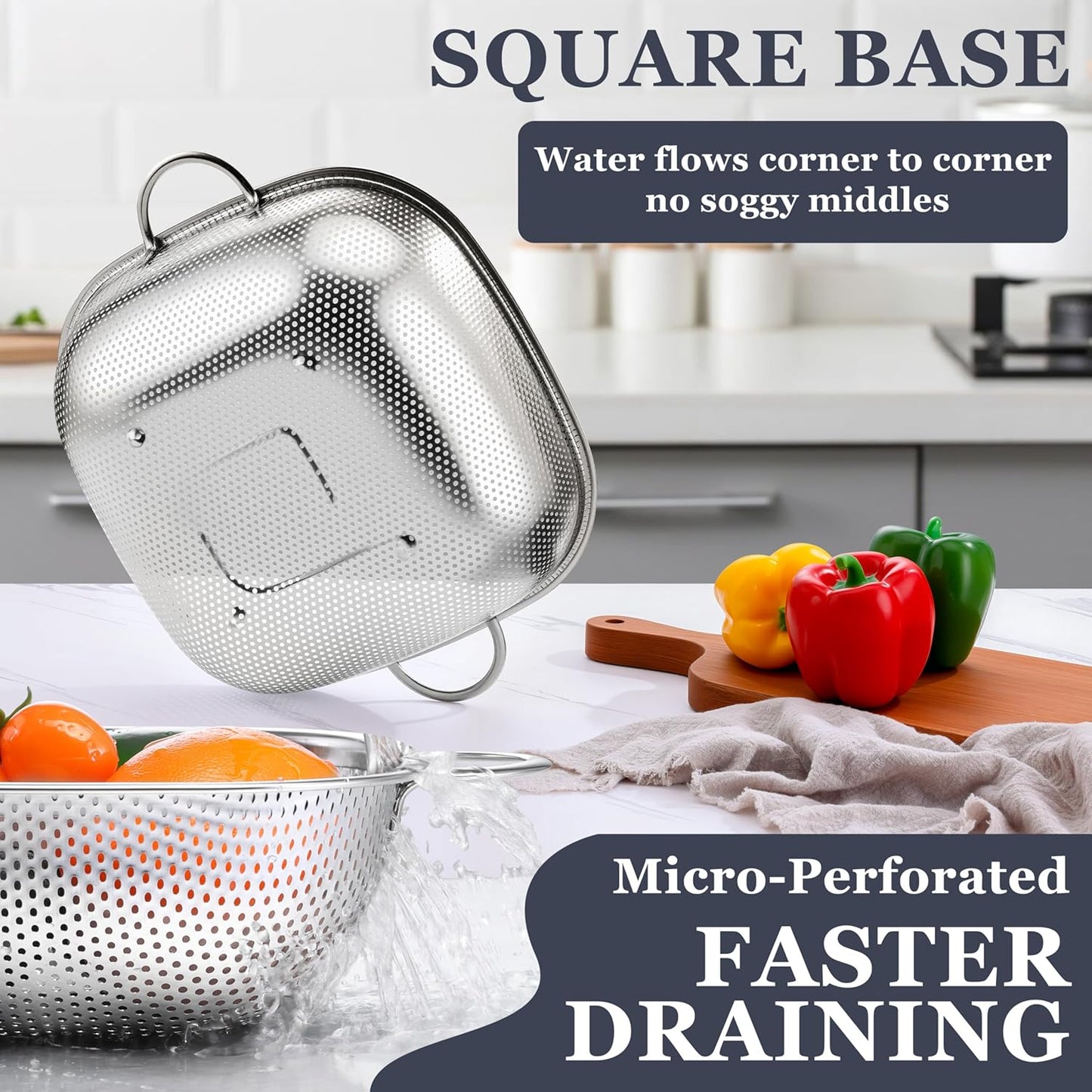 E-far 3 Pack Colander for Kitchen, Square Stainless Steel Metal Strainer Colander with Handle for Draining Food Pasta Vegetable, Micro-Perforated & Elevated Feet, Dishwasher Safe(2.4/4/6QT)