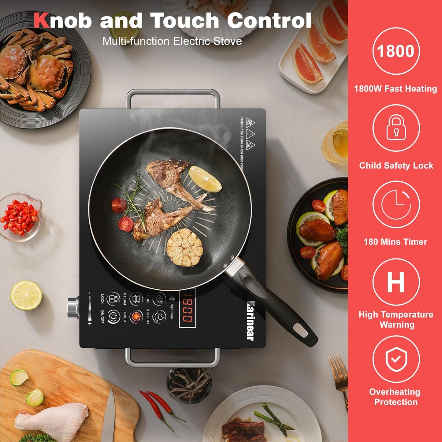 Karinear Portable Electric Stove 110V, 1800W Electric Hot Plate with Handle, Knob Control Single Burner Electri Cooktop, Ceramic Infrared Countertop Burner, Timer, Safety Lock
