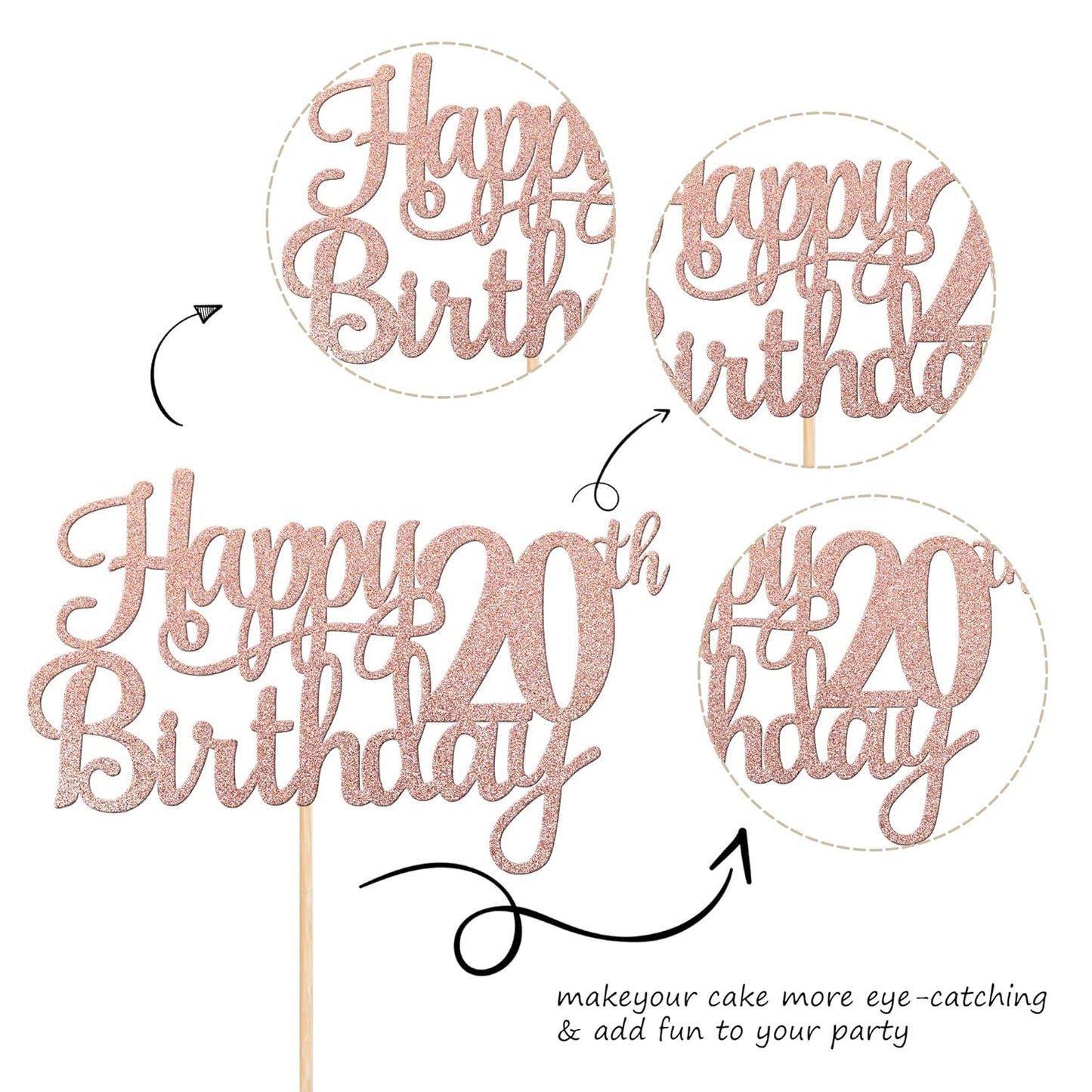 1 PCS Happy 20th Birthday Cake Topper Glitter Cheers to 20 Years Birthday Cake Pick Twenty 20 Fabulous Cake Decoration for Happy 20th Birthday Theme Party Decorations Supplies Rose Gold
