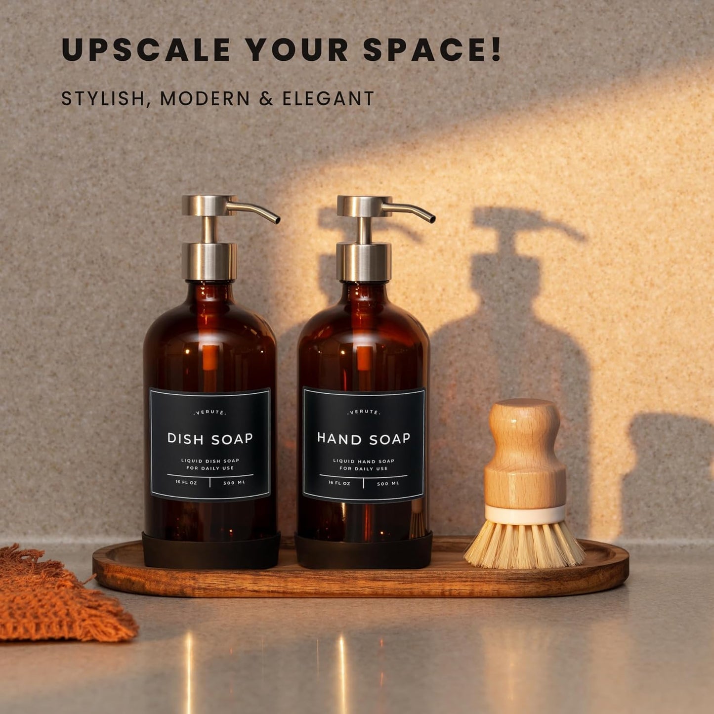 16oz Glass Soap Dispenser with Stainless Steel Pump, 21 Waterproof Labels, Non-Slip Protective Silicone Pad, Set of 2 for Bathroom & Kitchen (Amber Bottle/Brushed Silver Pump)