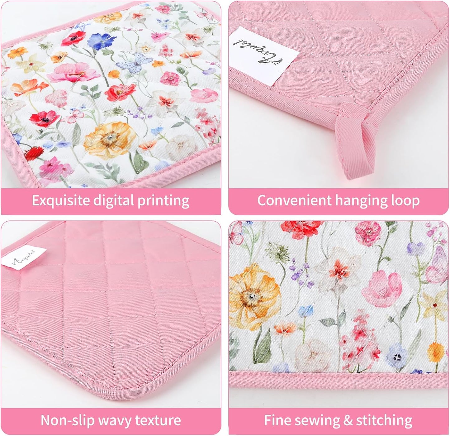 Wildflower Oven Mitts and Pot Holders Sets 4Pcs, 100% Cotton Heat Resistant, Extra Long Oven Gloves Potholder for Kitchen Cooking Baking Decoration