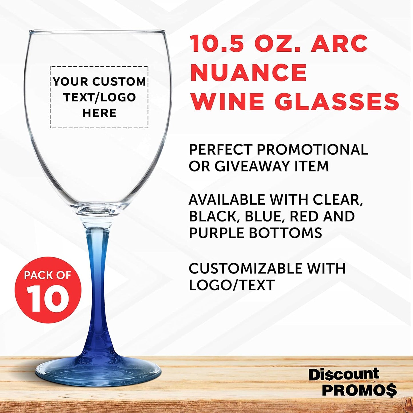 Custom Nuance Wine Glasses by ARC 10.5 oz. Set of 10, Personalized Bulk Pack - Restaurant Glassware, Perfect for Red Wine, White Wine, Cocktails - Blue