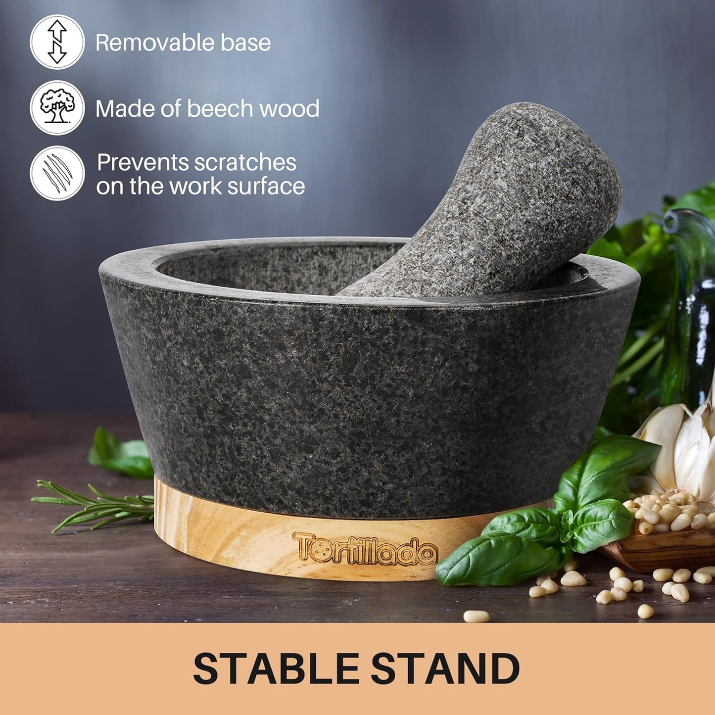 Tortillada – 6-inch Mortar and Pestle Set Large Made of Natural Granite with Anti-Scratch Wood Base Granite Spice Herb Grinder Pill Crusher with 50 Recipes, Black