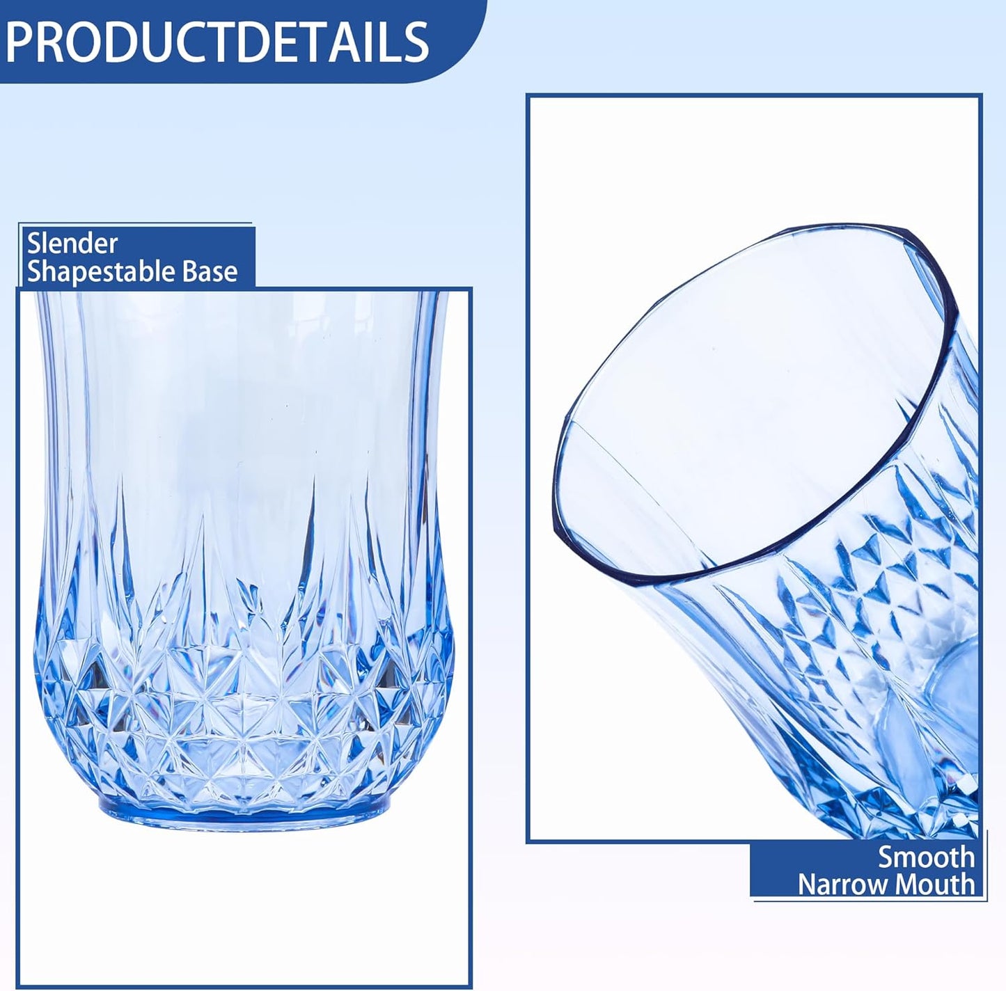 12 PCS Blue Stemless Wine Glasses，Plastic Reusable Cups 9OZ Vintage Drinking Glasses Tumblers for Whisky, Beer, Juice, Beverages, Cocktai