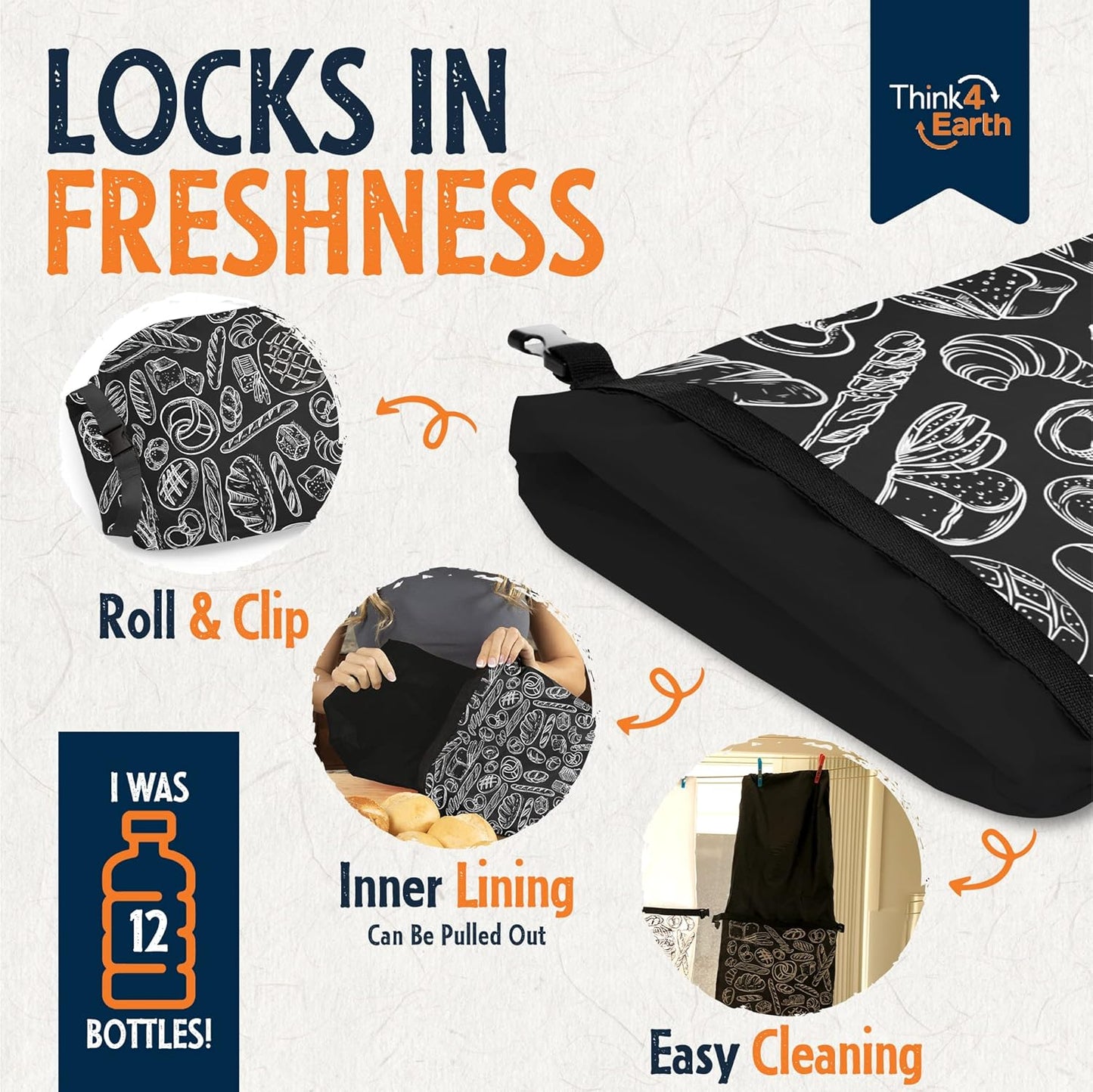 THINK4EARTH® Premium Black Reusable Bread Bags for Homemade Bread – Durable & Washable (2 Pack)