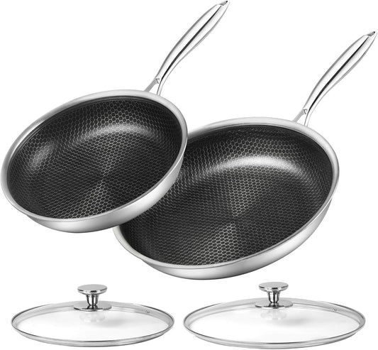 Stainless Steel Frying Pan Set with Lid 10" and 12" Nonstick Honeycomb Coatings Skillet Set 2pcs W/Stay Cool Handle,Works Pan for Cooking with Induction Gas Stovetops