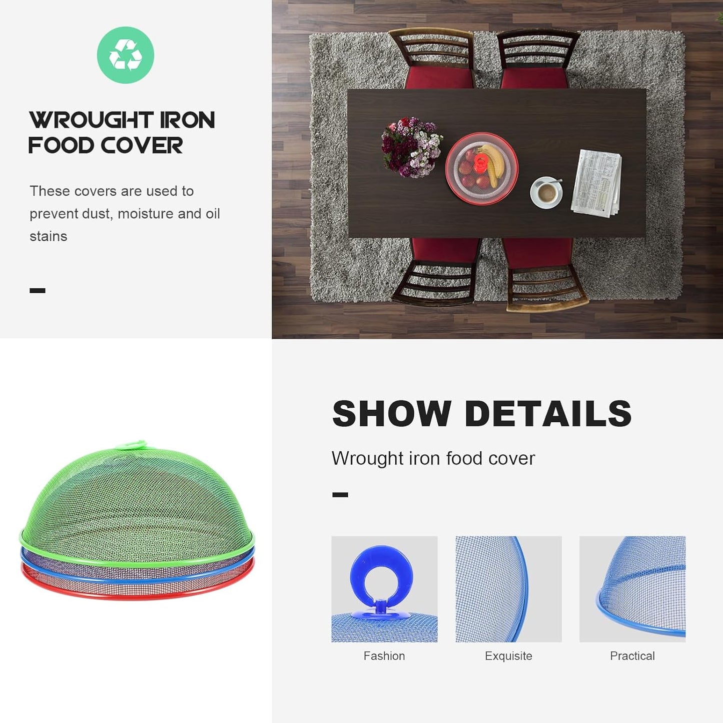 DOITOOL Metal Mesh Food Covers Food Tents: 3Pcs 11inch Metal Mesh Screen Food Cover Outdoor Picnic Food Covers Mesh Round Food Tent, Reusable Food Cover Nets 24cm (Green, Blue, Red)