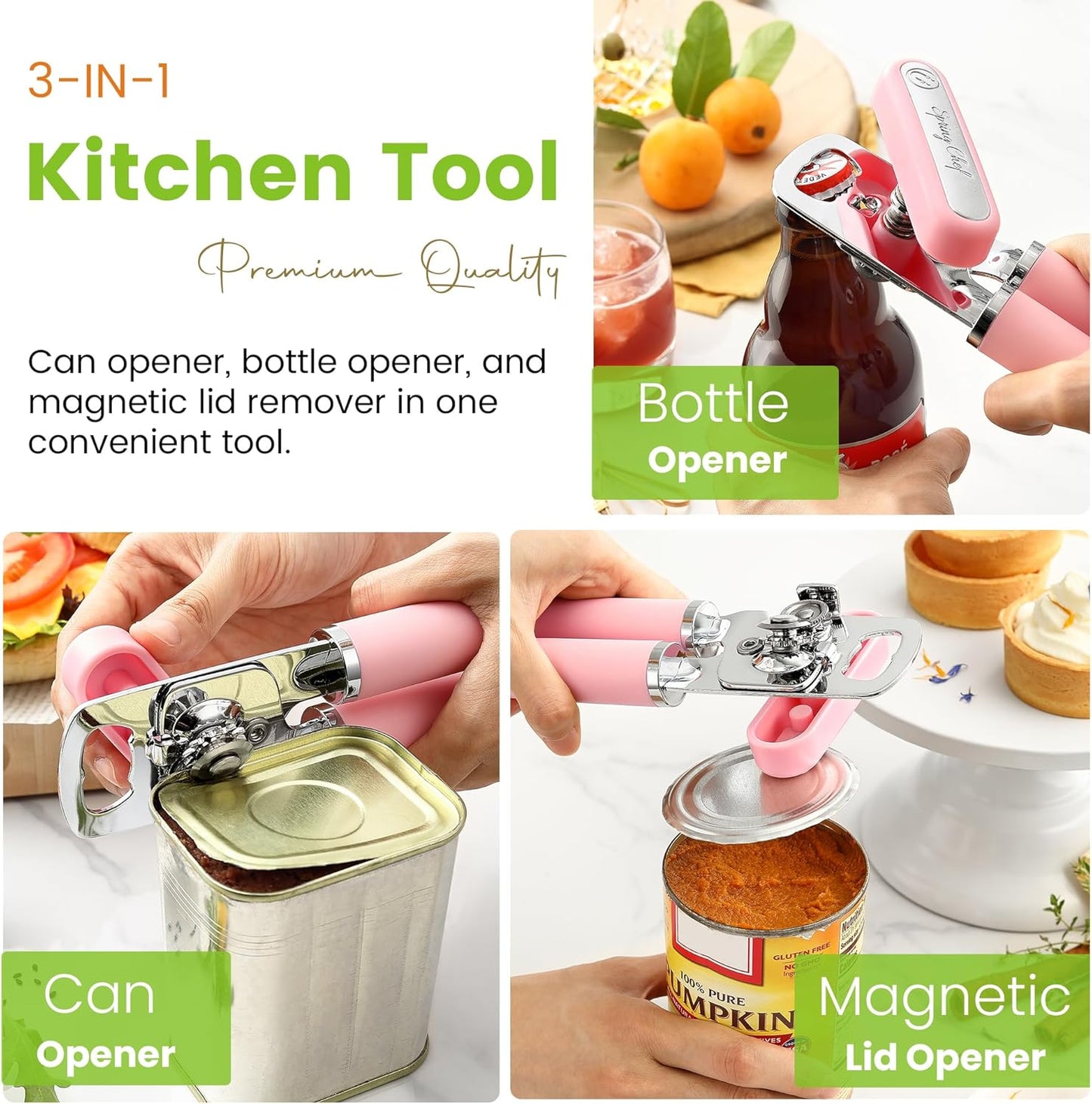 Spring Chef Stainless Steel Can Opener - Manual with Soft Grip Handles, Easy Turn, Heavy Duty Hand Can Openers for Seniors with Smooth Edge - Magnetic Lid Remover - Pink Lemonade