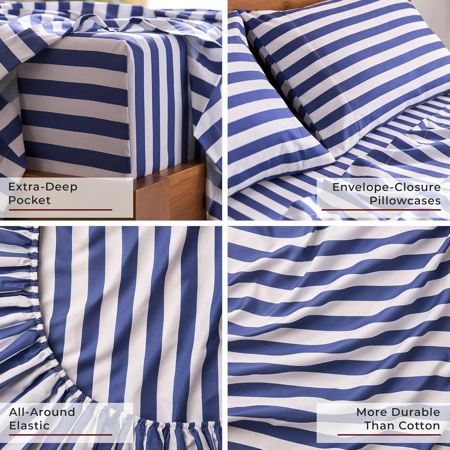 Mellanni Queen Sheets Set - 4 PC Iconic Collection Bedding - Hotel Luxury, Extra Soft, Cooling Bed Sheets - Wrinkle, Fade, Stain Resistant (Queen, Oxford Stripe Blue Nova)