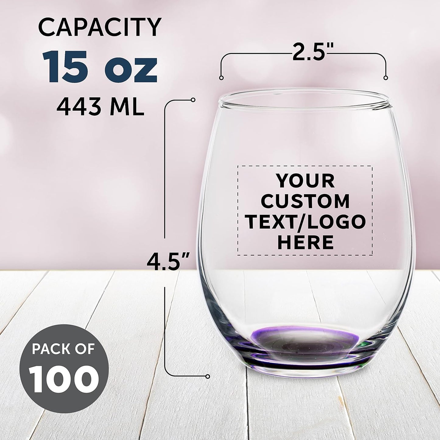 Custom Stemless Wine Glasses in Bulk by ARC Perfection, 15 oz, 100 pack, Personalized Text, Logo, Purple or White Wine Glass Set, Purple