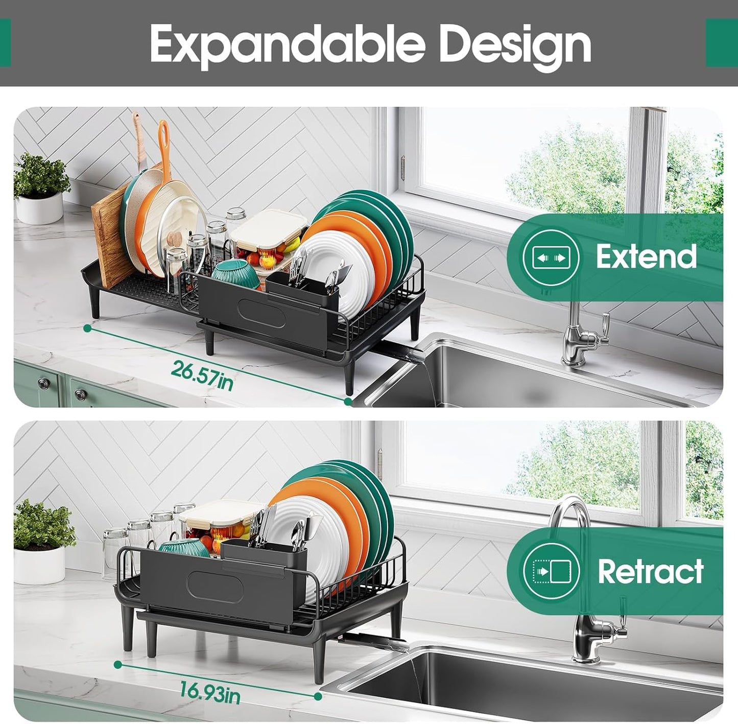 Extendable Dish Drying Rack for Kitchen Counter, Large Expandable Dish Rack with Multifunctional Drainboard for Pan Pot, Collapsible dish drainer, Foldable Plate Strainer for Home Countertop Storage