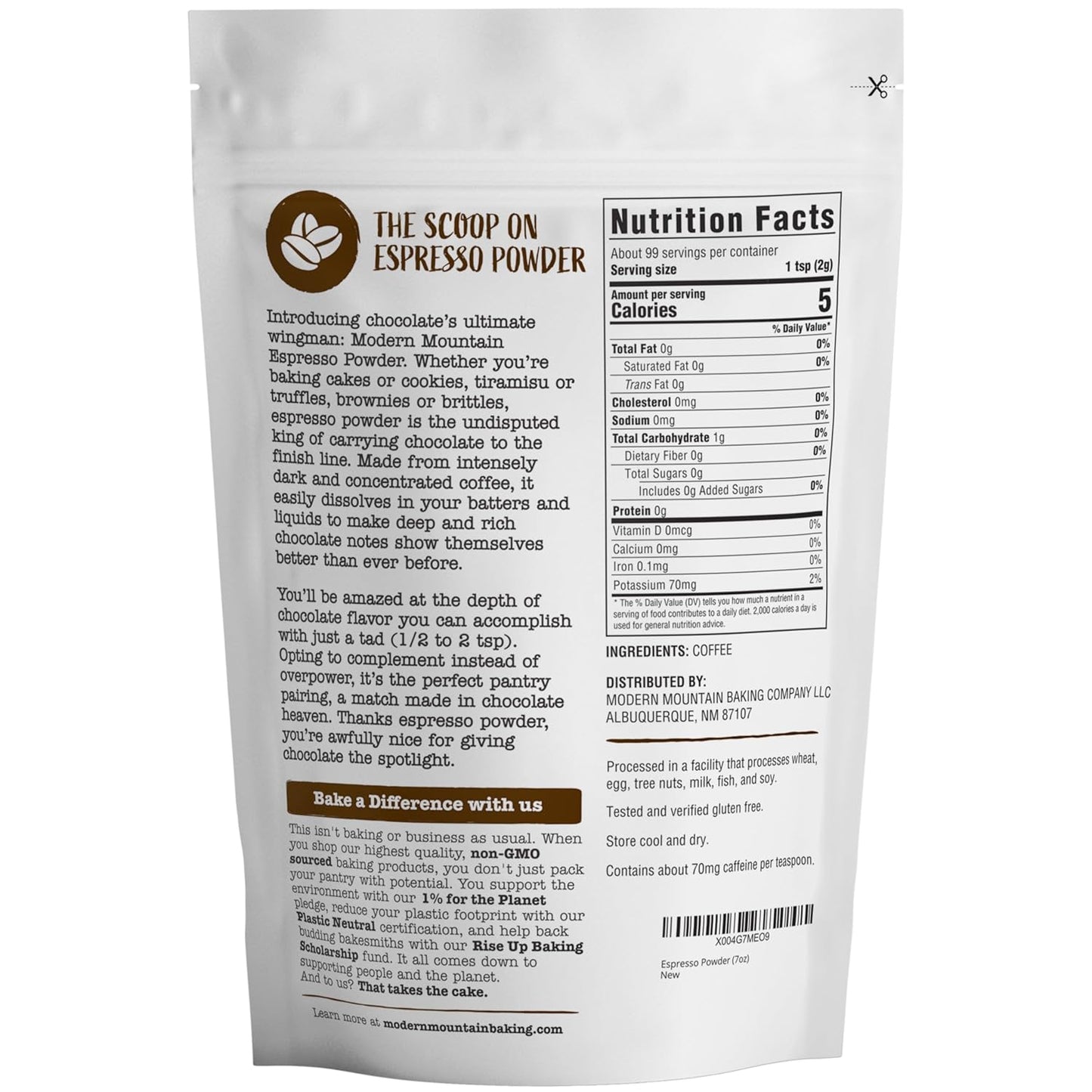 Espresso Powder for Baking - Achieve Rich Chocolate Flavor - Great for Baking - All-Natural - Fine Powder - Easily Dissolves - Gluten Free - Non-GMO - Convenient Resealable Pouch (7oz)