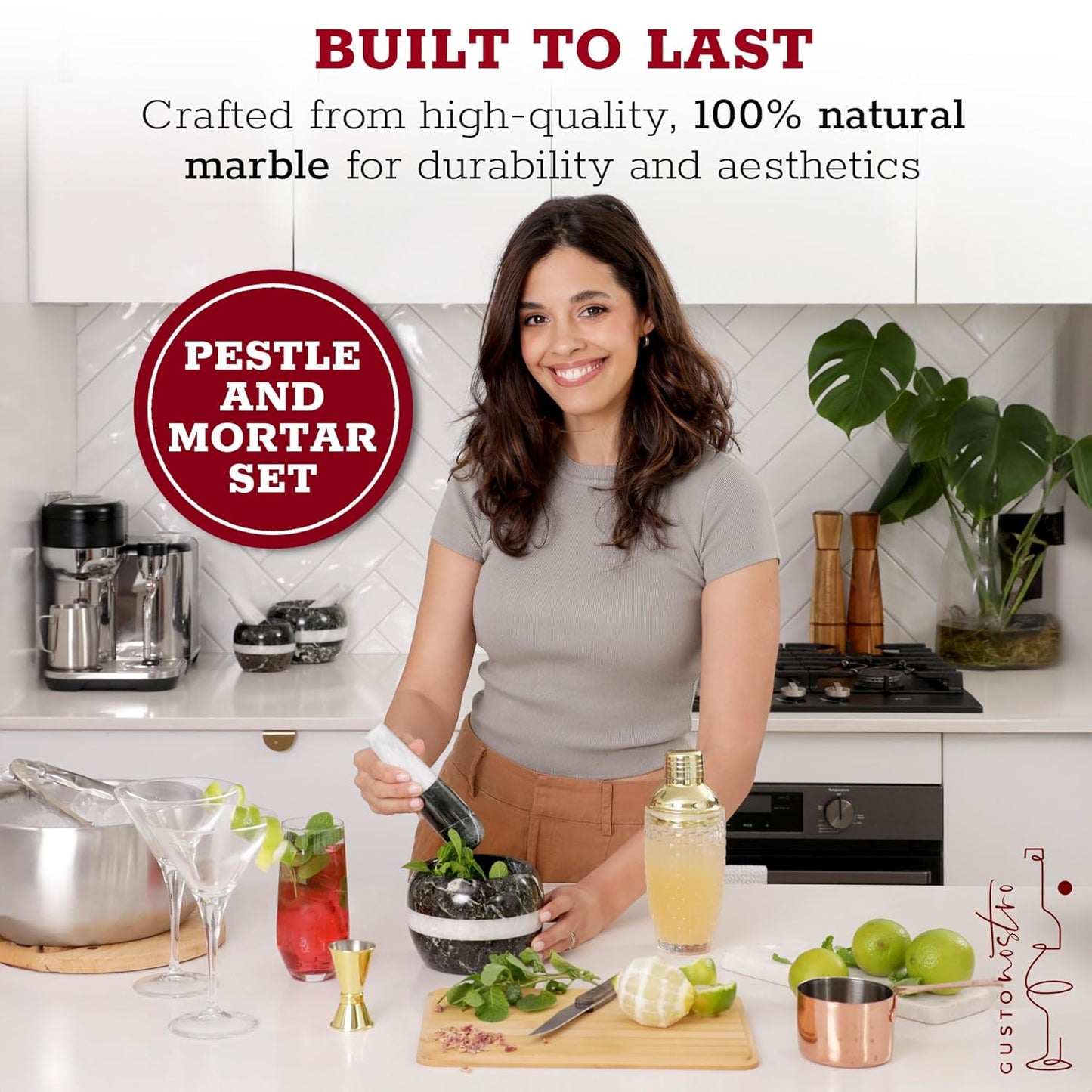 Gusto Nostro Natural Marble Mortar and Pestle Set | 5 Inch - 2.5 Cup Large Mortar Pestle Set for Grinding Herbs, Nuts, Grains | Pesto Grinding and Guacamole Stone Bowl | Marble Spice Crusher