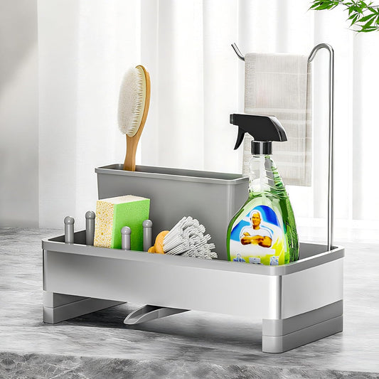 Stainless Steel Sink Caddy, Sponge Holder for Kitchen Sink with Brush Holder & Dishcloth Rack, Rustproof Sink Organizer Countertop, Kitchen Organizers Storage Essentials (F-Gray)