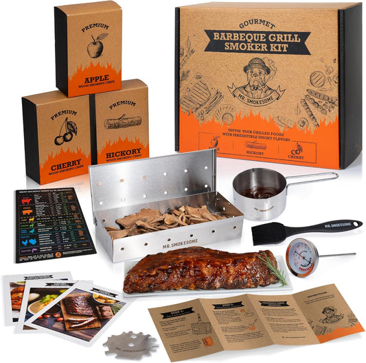 Wood Smoked BBQ Grill Set | 12 Pcs Grill Kit | Smoker Box BBQ Gifts for Men | Smoked Meat Accessories & Grilling Gifts for Men | Unique Barbecue Gifts for Smoker Grill Enthusiasts | BBQ Accessories