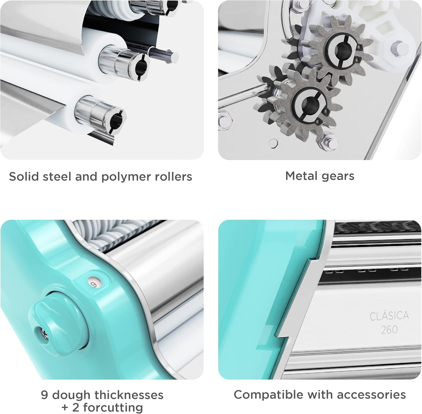 PASTALINDA Classic 260 Pasta Maker Machine, 26 cm Wide Rollers, 9 Thickness Positions, 2 Cutting Positions, Stainless Steel. Includes Reinforced Hand Crank And Two Clamps (Acqua)