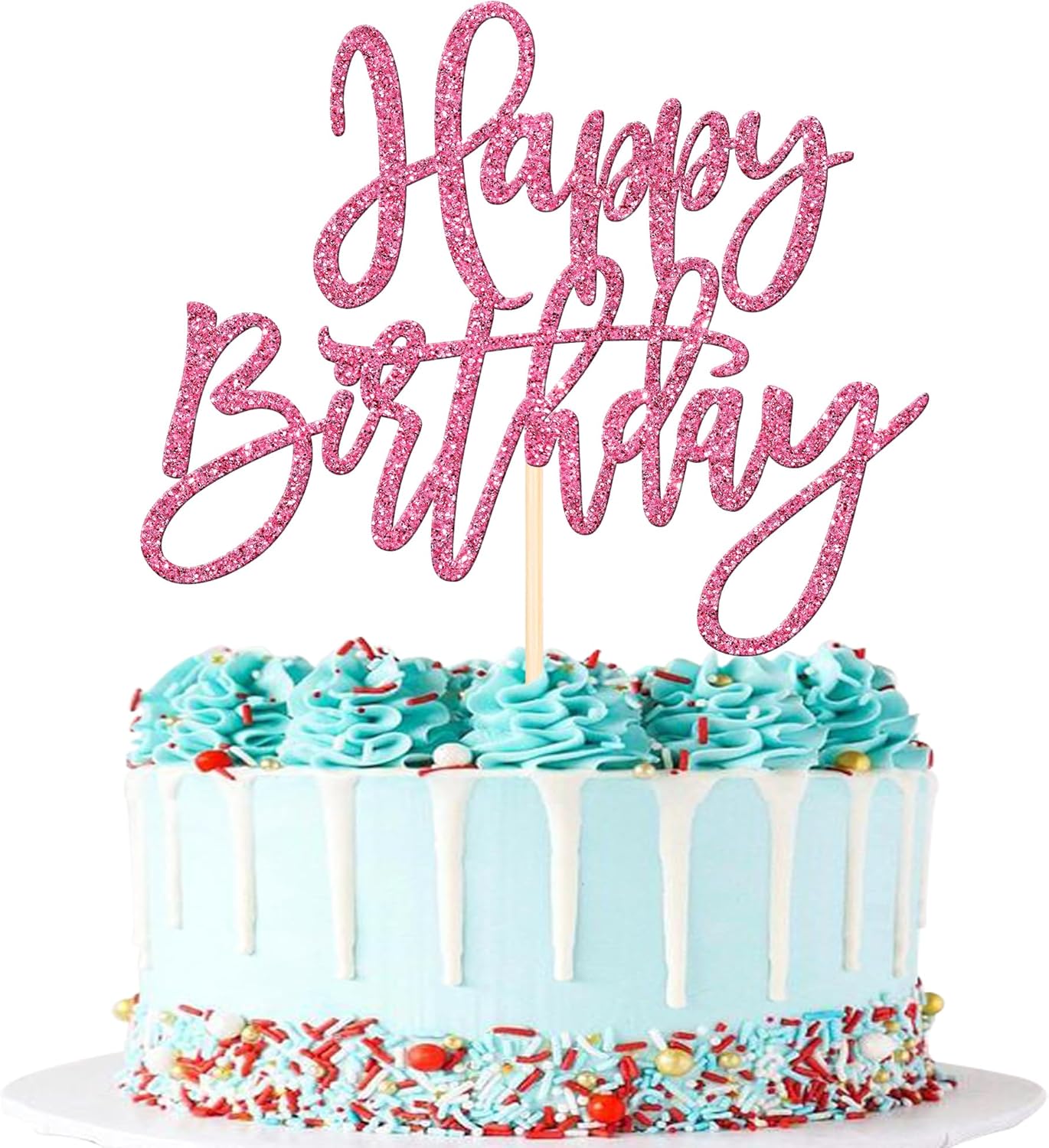 ZHUOWEISM 1 PCS Happy Birthday Cake Topper Glitter Happy Birthday Cake Pick for Celebrating Happy Birthday Anniversary Theme Party Cake Decorations Supplies Pink