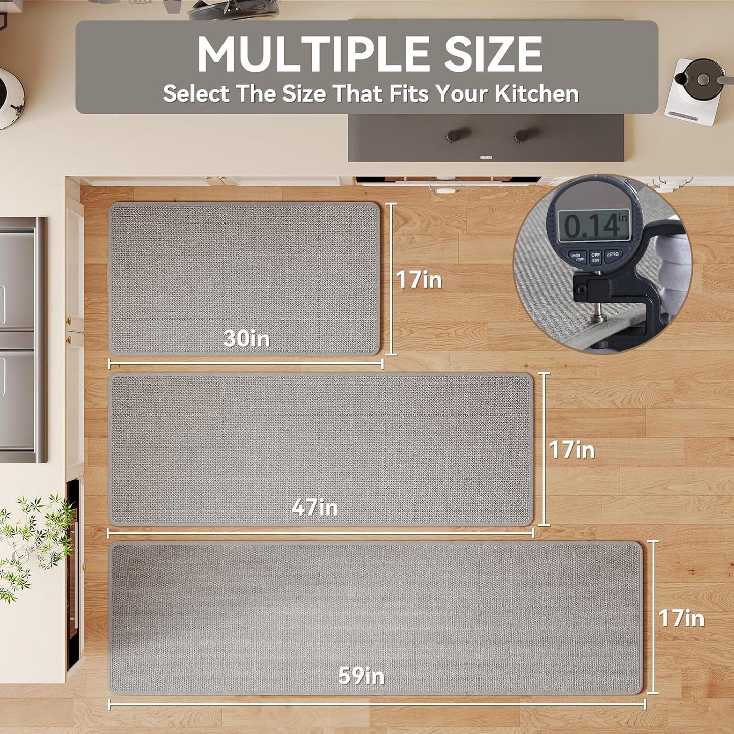 Kitchen Mats for Floor, Super Absorbent Kitchen Rugs Non Slip Washable, Soft Imitation Linen Braided Kitchen Runner Rug, Standing Mat Kitchens Sink Mat, Easy to Clean, Gray 17x95