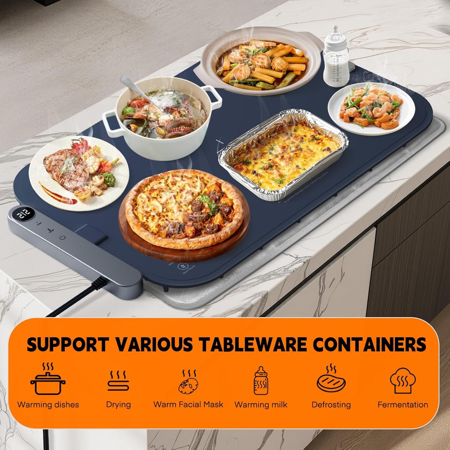 Homelove Food Warming Mat Waterproof - Electric Warming Tray with 6-Level Temperature and Hours Setting, Full Surface Graphene Heating, Dishwasher-Friendly Food Warmer Mat for Parties, Kitchen (Blue)