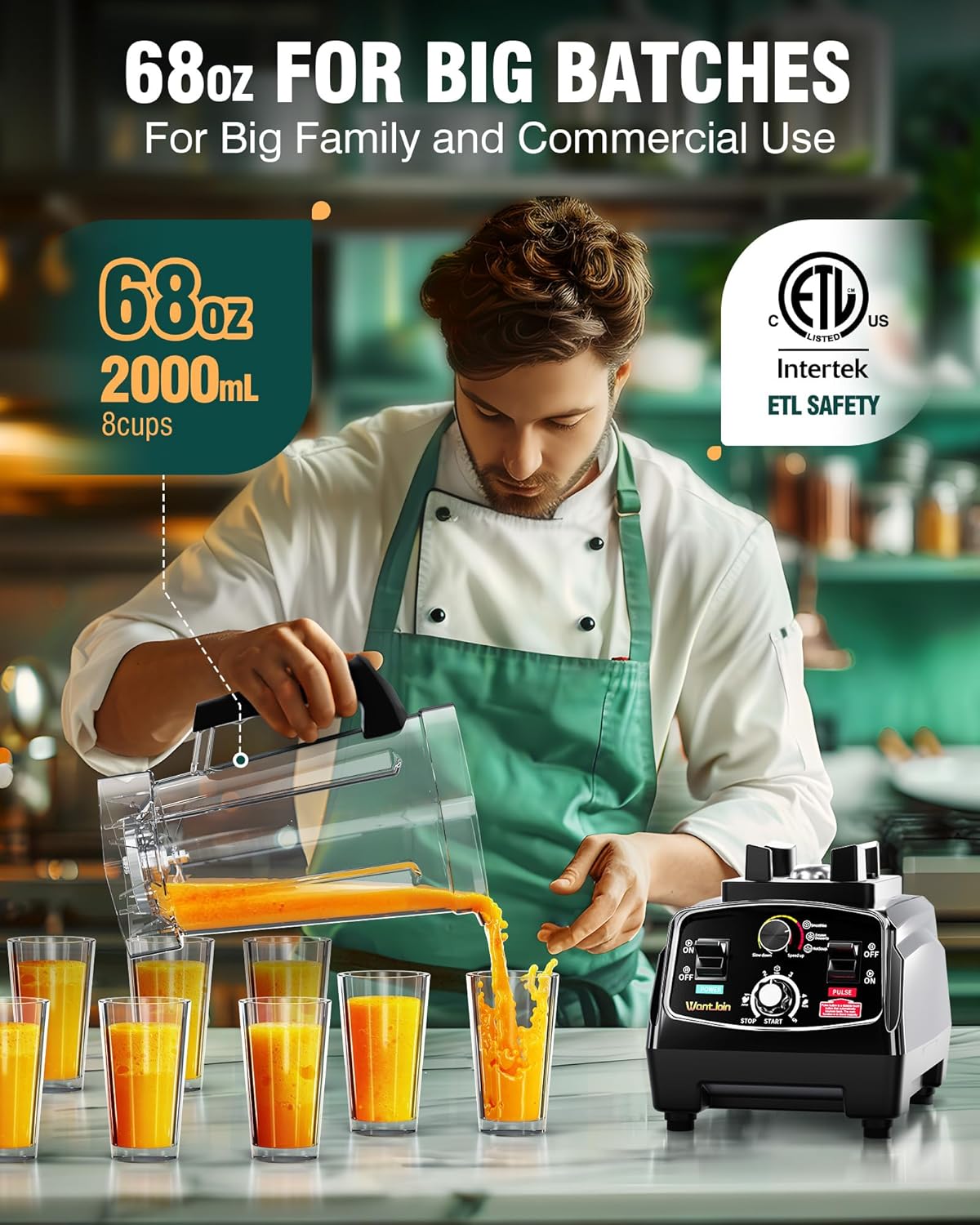 WantJoin Professional Blender, ETL listed 68oz Commercial Blender for kitchen Max 1800W High Power Home and Commercial with Timer, Smoothie Maker 2200ml for Crushing Ice, Frozen Dessert, Soup,fish