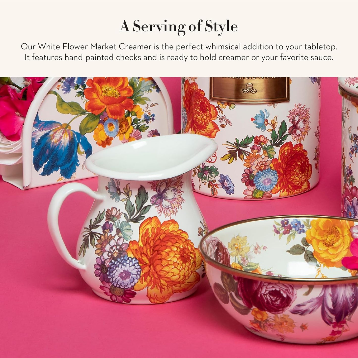 MACKENZIE-CHILDS Enamel Creamer, Creamer Dispenser with Pour Spout, Kitchen Enamelware, 14-Ounce Capacity, White Flower Market